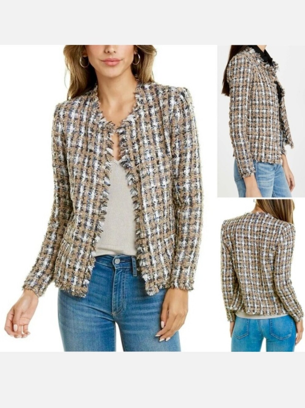 Ellie Tahari Frayed Tweed Open-Front Jacket